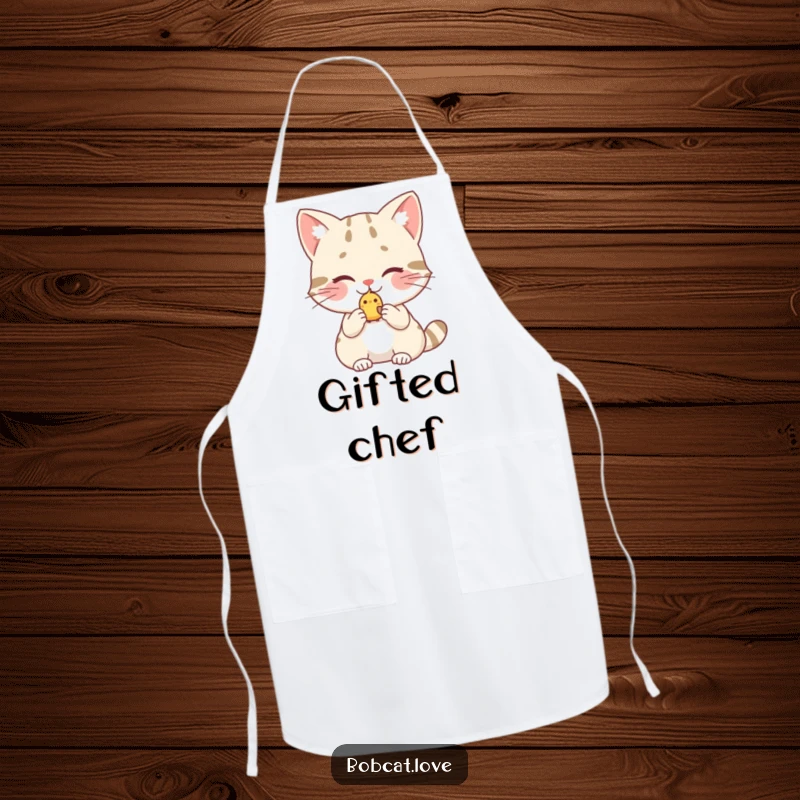 Funny bobcat apron, a blushing wild cat offering a small bird, a humorous kitchen accessory for kind-hearted chefs.