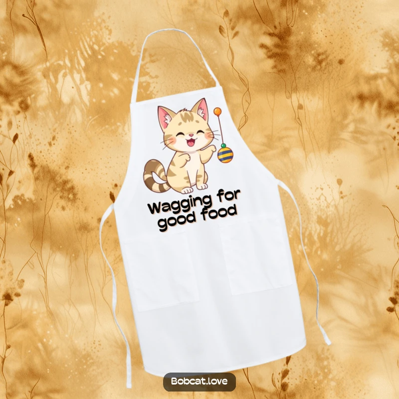 Funny bobcat with a wagging tail, playfully batting at a dangling toy, printed on a functional kitchen apron.