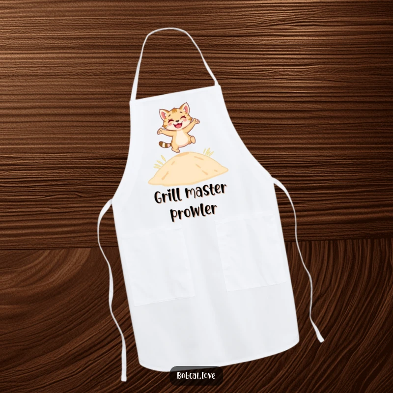 A happy bobcat joyfully leaping over a sandy dune is featured on a functional and fun kitchen apron.