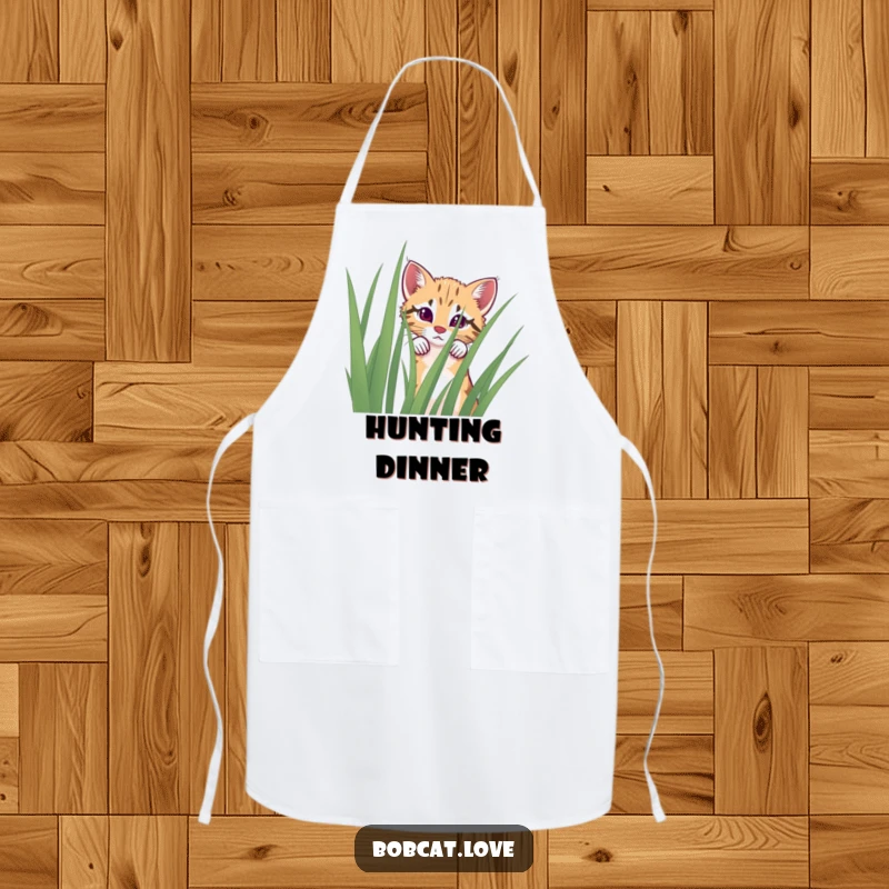 Funny curious bobcat apron peeking over grass, perfect for kitchen activities.