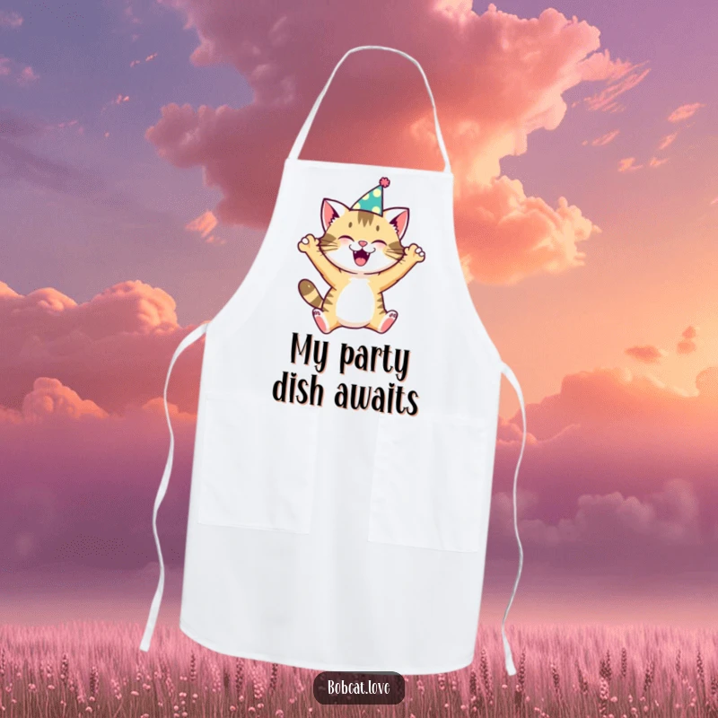 Funny bobcat in a festive party hat, jumping for joy while cooking, printed on a durable apron.
