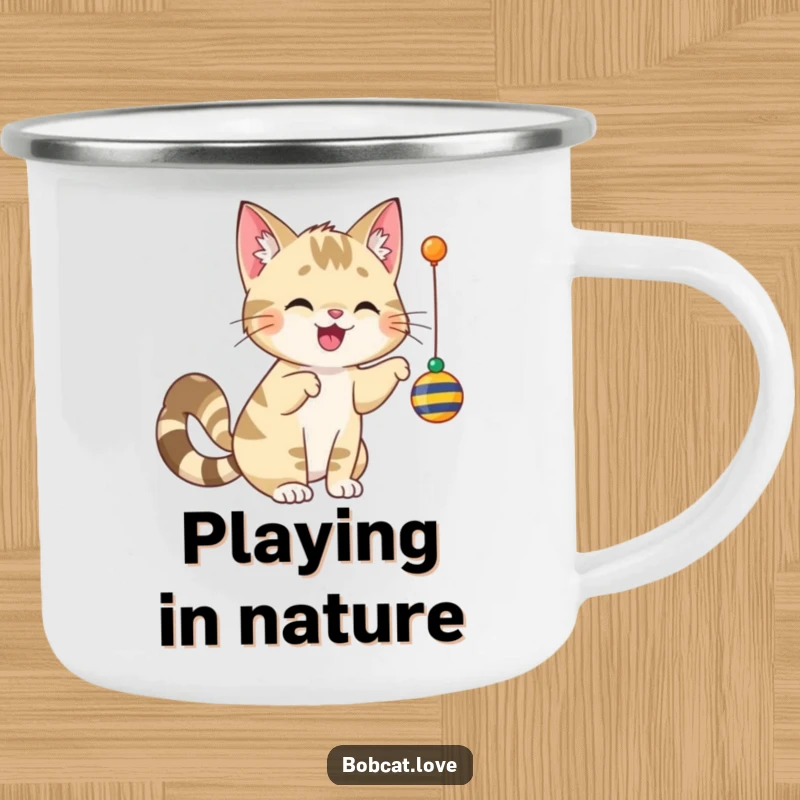 Funny bobcat with a happy, wagging tail, playfully batting a dangling toy, designed on a durable camping mug.