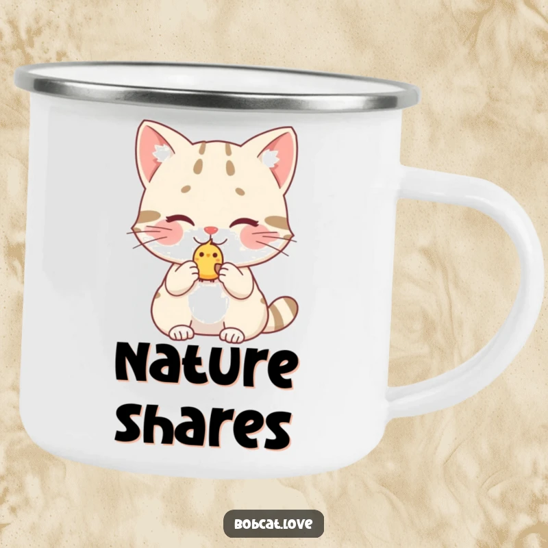 Funny bobcat camping mug, a blushing wild cat offering a small bird, perfect for outdoor enthusiasts who are kind and love humor.
