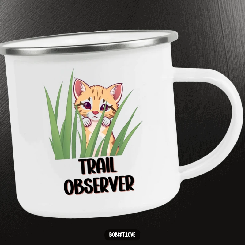 Funny curious bobcat camping mug peeking over grass, perfect for outdoor use.