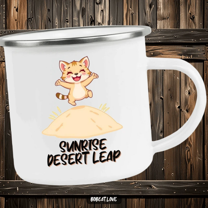 Durable camping mug featuring a happy bobcat leaping joyfully over a sandy dune, ready for outdoor fun.