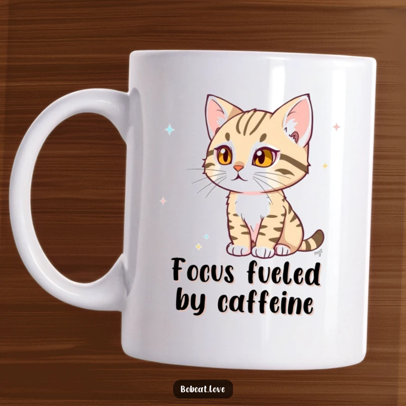 Funny Bobcat Mug: A determined bobcat intently watching a distant flicker of movement, showcasing its focused and alert nature in a humorous way.