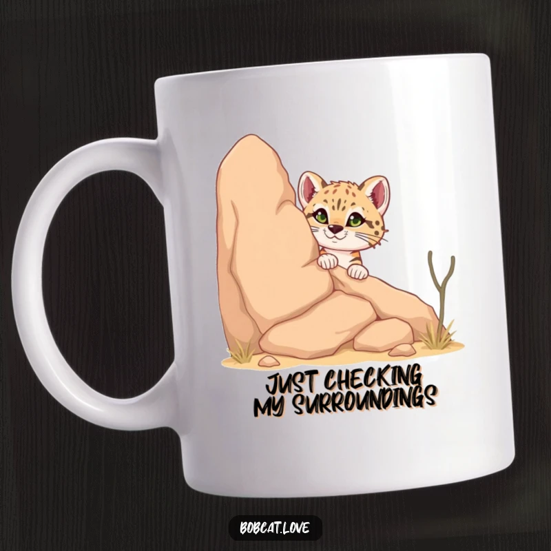 Funny Bobcat Mug: A curious bobcat peeking playfully from behind a large desert rock, showcasing its wild and adventurous personality in a humorous way.