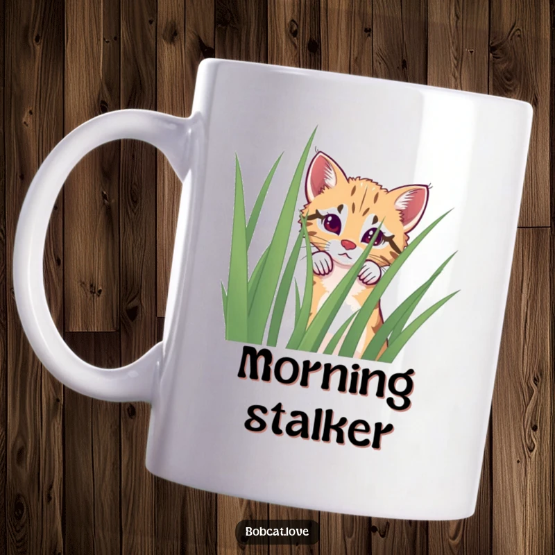 Funny curious bobcat peeking over a tall blade of grass, showing its playful and secretive side.