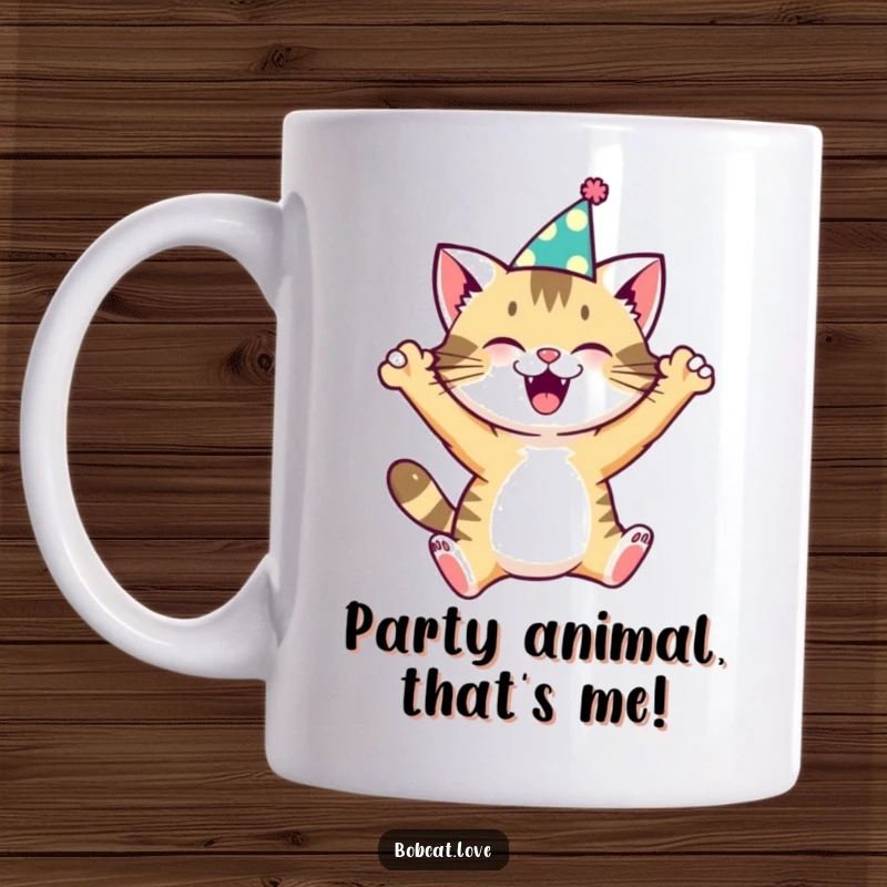 Funny bobcat wearing a tiny party hat, leaping with pure joy and excitement on a ceramic mug, perfect for a birthday gift.