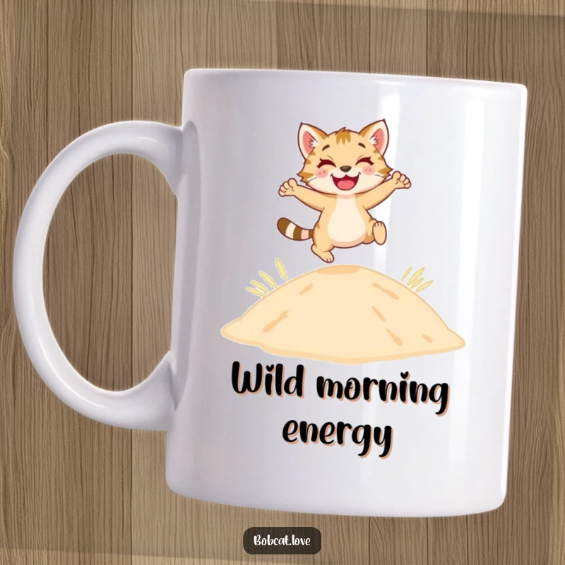 A happy bobcat is captured mid-leap, joyfully soaring over a sandy dune, looking wild and free on this mug.