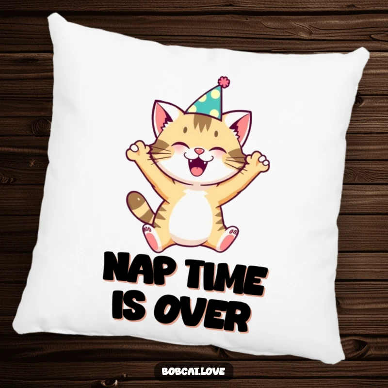 Funny bobcat wearing a small party hat, leaping with pure glee, featured on a soft and decorative pillow.