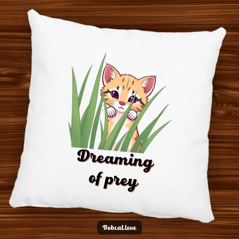 Funny curious bobcat pillow peeking over grass, designed for comfort and cute appeal.