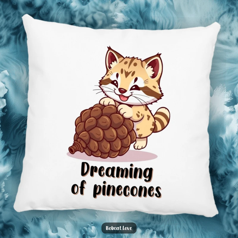 Funny bobcat pillow, a cute wild cat playfully jumping for a rolling pinecone, offering soft, humorous, and comfortable decorative charm.