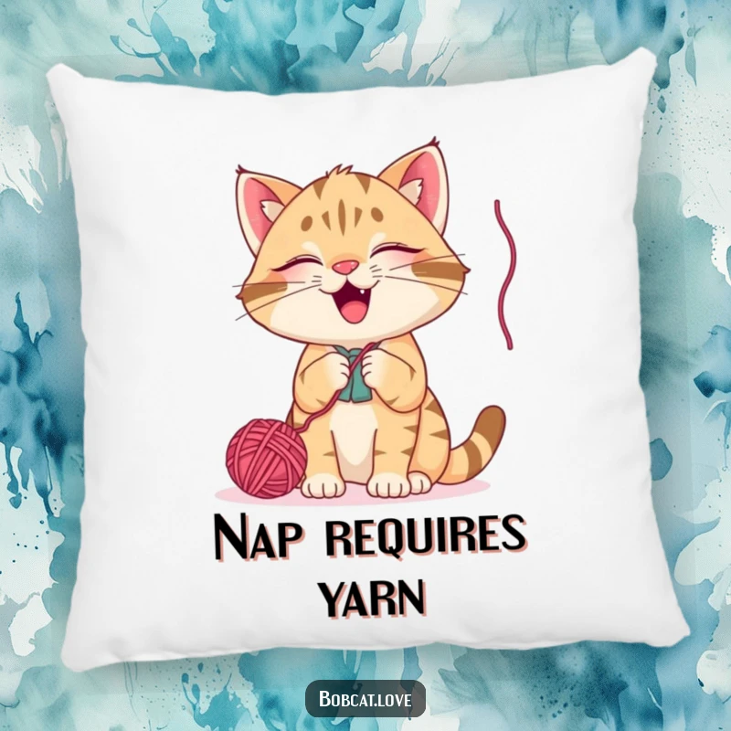 Funny bobcat pillow, a giggling cat batting at a dangling yarn ball, providing soft, humorous, and adorable decor for any room.