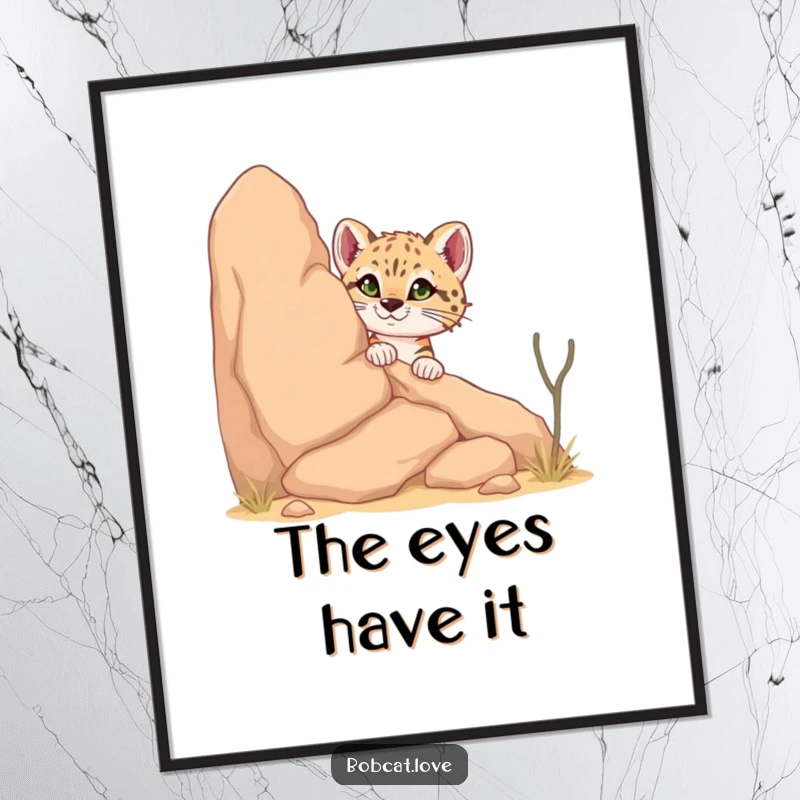 Funny Bobcat Digital Art Print: A curious bobcat humorously peeking from behind a desert rock, capturing the essence of desert wildlife with playful artistry.