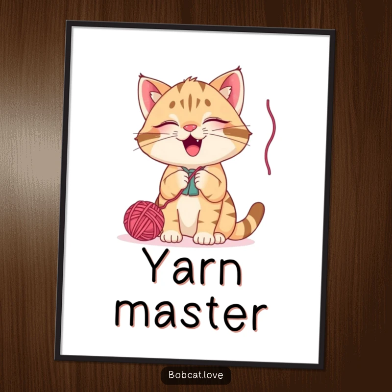 Funny bobcat digital art print, a happy cat batting at a dangling yarn ball, high-resolution humorous artwork for instant download and decor.