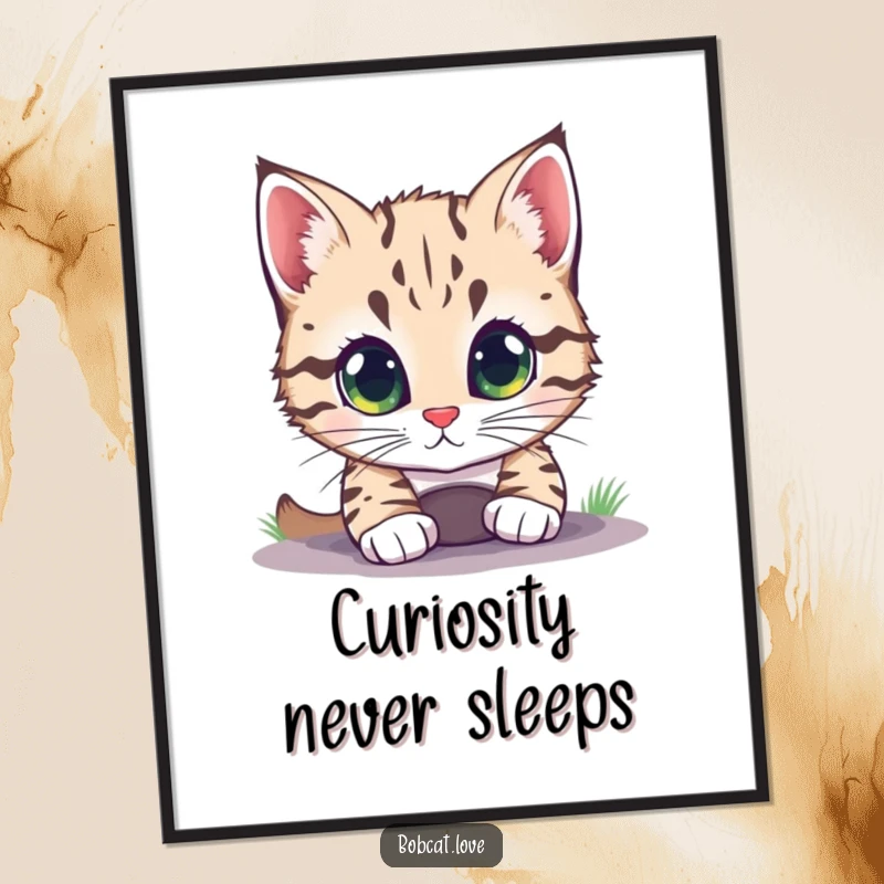 Funny bobcat with wide, bright eyes peering intently into a small hole, as a high-resolution digital art print.