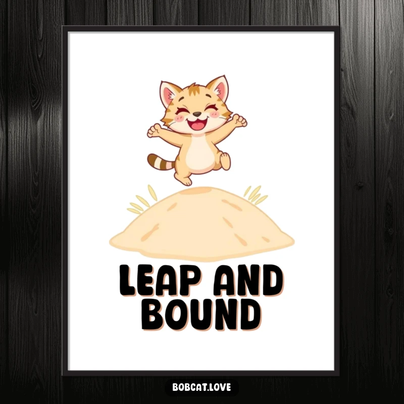 A happy bobcat leaping joyfully over a sandy dune, as a dynamic digital art print.