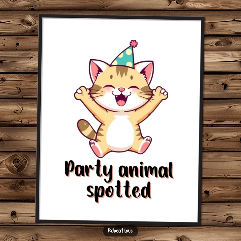 Funny bobcat wearing a tiny party hat, captured in an exciting leap, as a high-resolution digital art print.