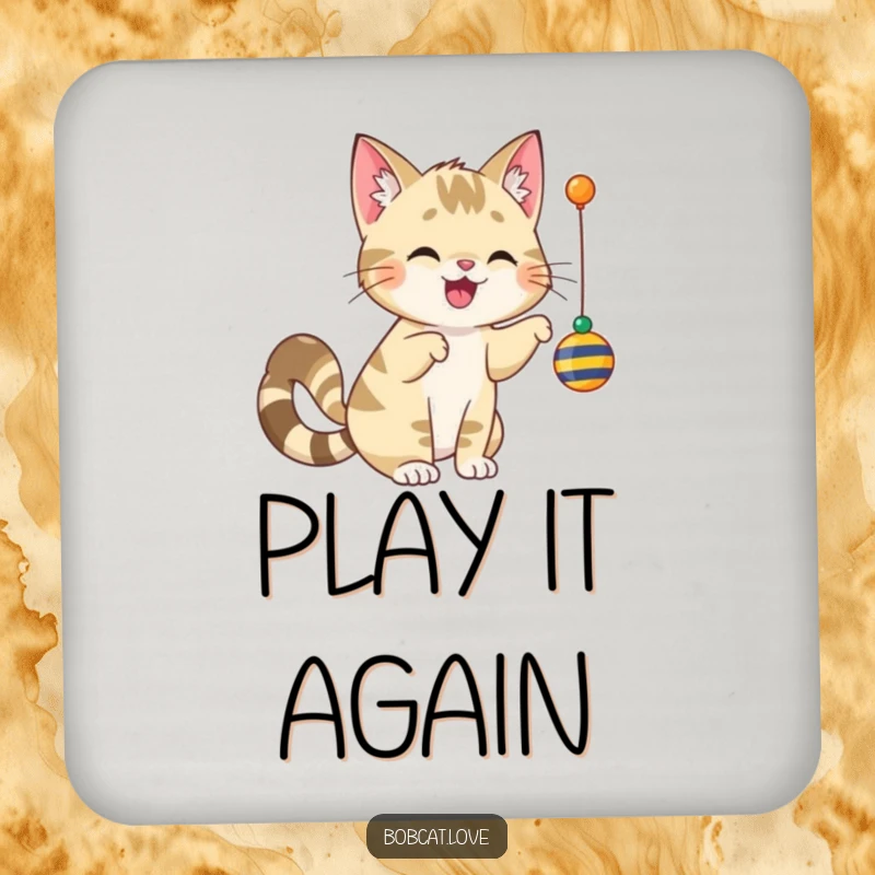 Set of coasters featuring a funny bobcat with a wagging tail, playfully batting a dangling toy, perfect for tables.