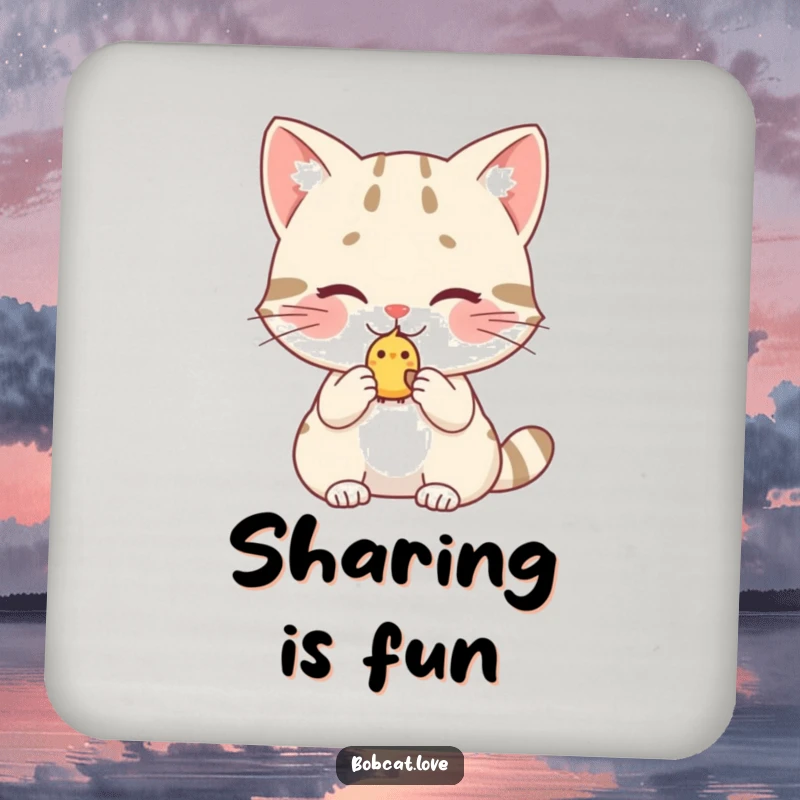 Funny bobcat coaster, a blushing cat offering a little bird, adding humorous flair and protecting surfaces with charming kindness.