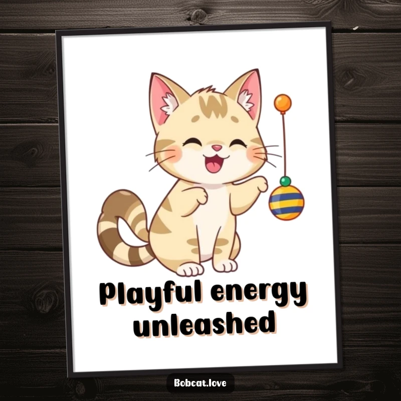 Funny bobcat with a wagging tail, playfully batting at a dangling toy, creating a vibrant and cheerful poster.