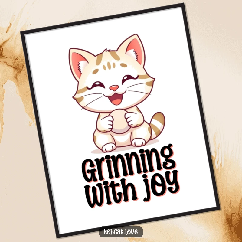 Funny bobcat with a huge, happy grin, delightedly holding a small ball, creating a cheerful poster print.