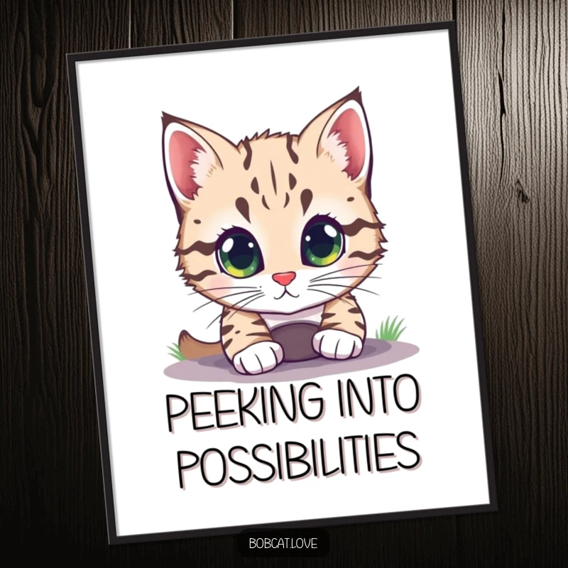 Funny bobcat with large, bright eyes intensely peering into a small hole, creating a captivating poster print.