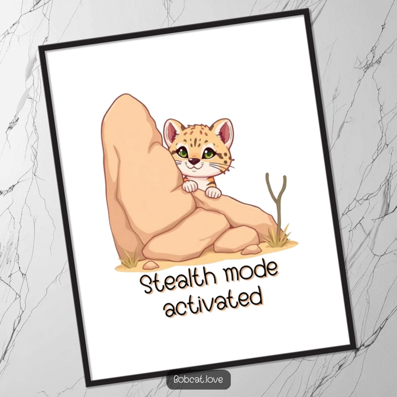 Funny Bobcat Poster: A curious bobcat humorously peeking from behind a large desert rock, capturing the wild beauty and playful spirit of desert wildlife.