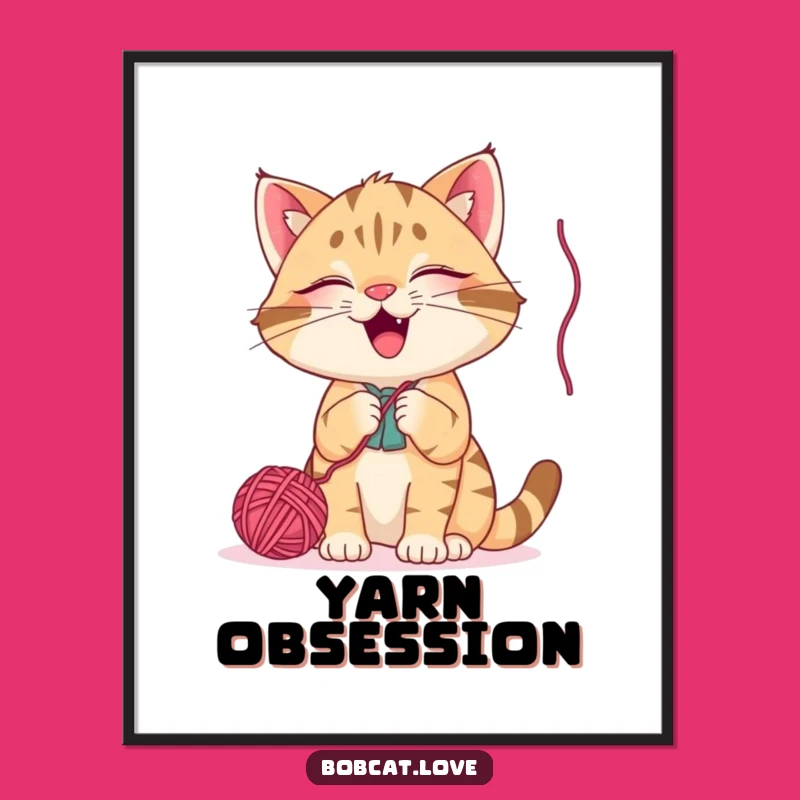 Funny Bobcat Yarn Ball Poster: Hilarious Cat Art for Whimsical Decor