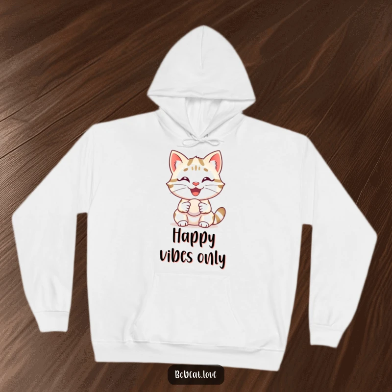 Funny bobcat with a beaming, happy grin, contentedly holding a small ball, featured on a comfortable hoodie.