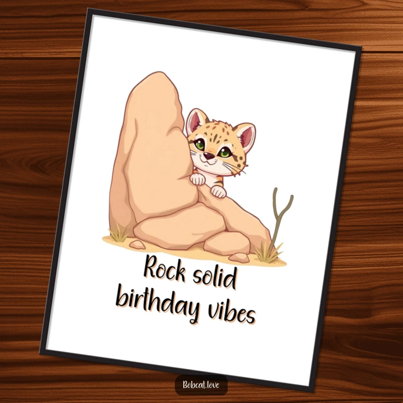 Funny Free Printable Bobcat Wall Art: Curious bobcat peeking from behind a large desert rock, adding a touch of desert humor to your room.