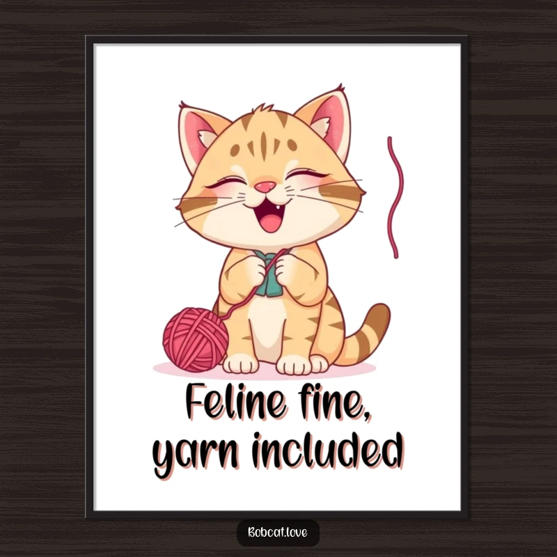Funny Free Printable Wall Art: A bobcat in fits of giggles, playfully batting at a colorful dangling ball of yarn.