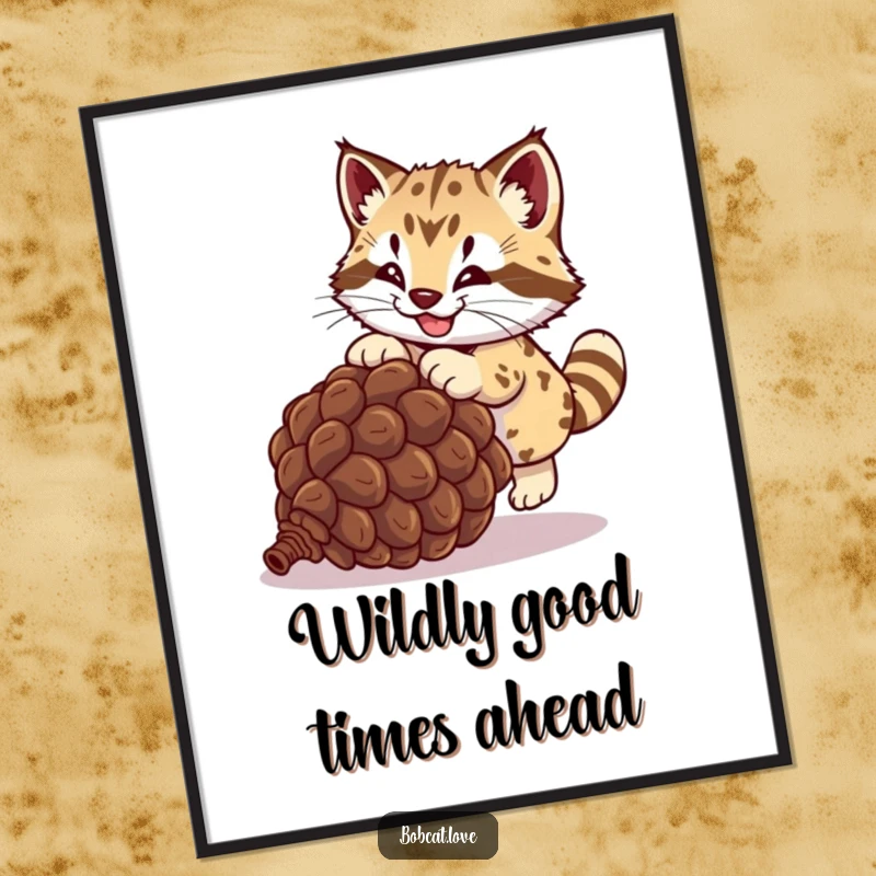 Funny Free Printable Wall Art: A spirited bobcat caught in a hilarious pounce on a rolling pinecone, bringing wild energy indoors.