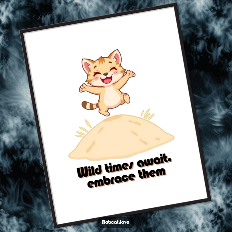 Funny Free Printable Wall Art: A happy bobcat is captured mid-leap over a sandy dune, embodying joy and freedom.