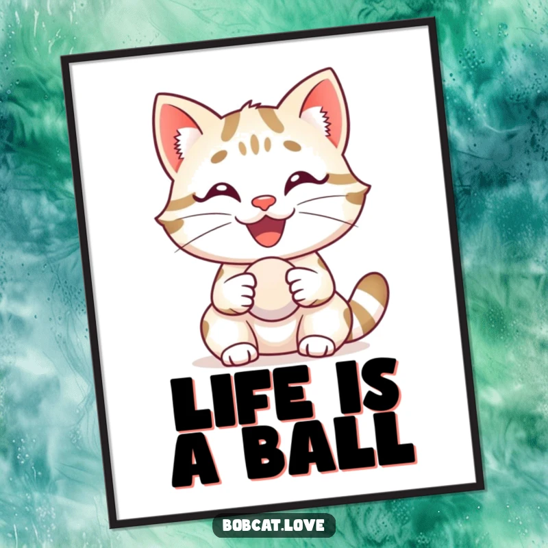 Funny Free Printable Wall Art: A delighted bobcat showcasing a huge, happy grin while proudly holding a small, beloved ball.