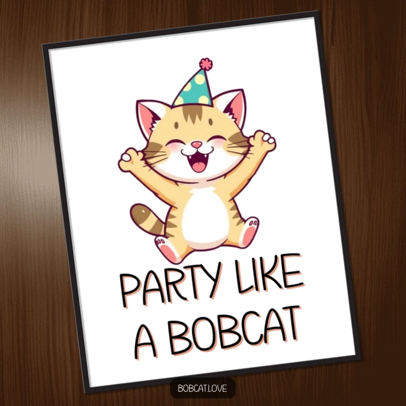 Funny Free Printable Wall Art: A hilarious bobcat wearing a tiny party hat, leaping with pure joy and excitement, ready to celebrate.