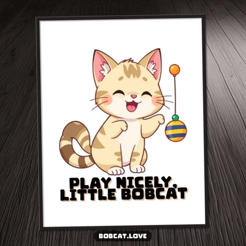 Funny Free Printable Wall Art: A cheerful bobcat with a wagging tail, enthusiastically batting at a dangling toy, embodying pure playful delight.