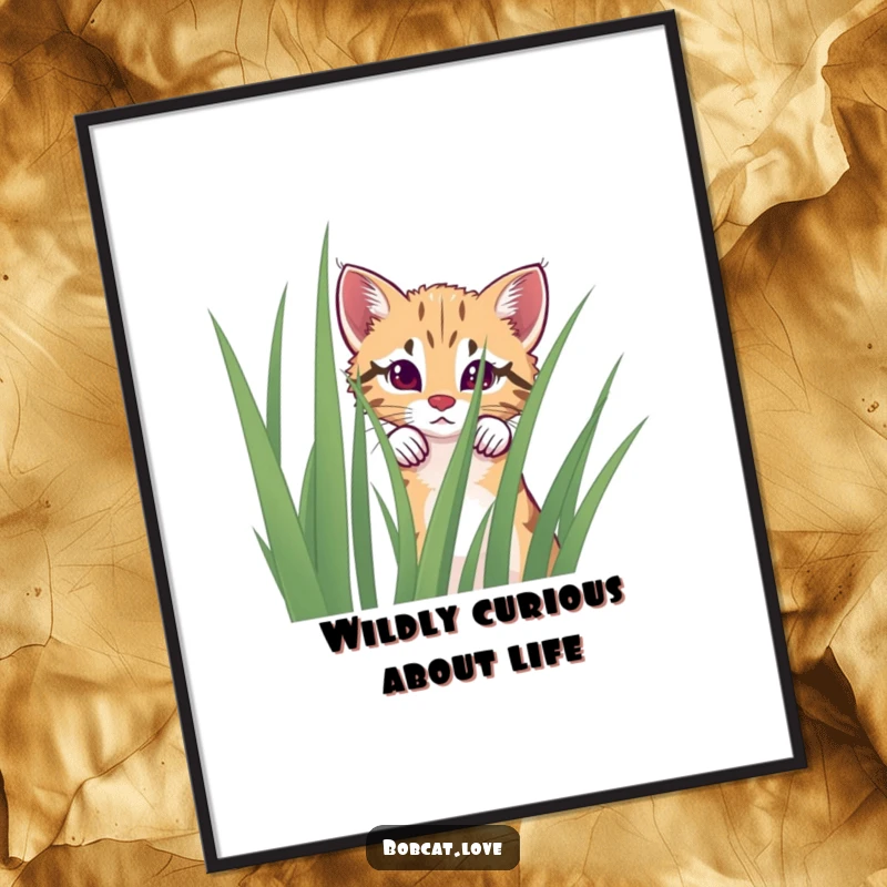 Funny free printable wall art of a curious bobcat peeking over a tall blade of grass, capturing a moment of playful observation.