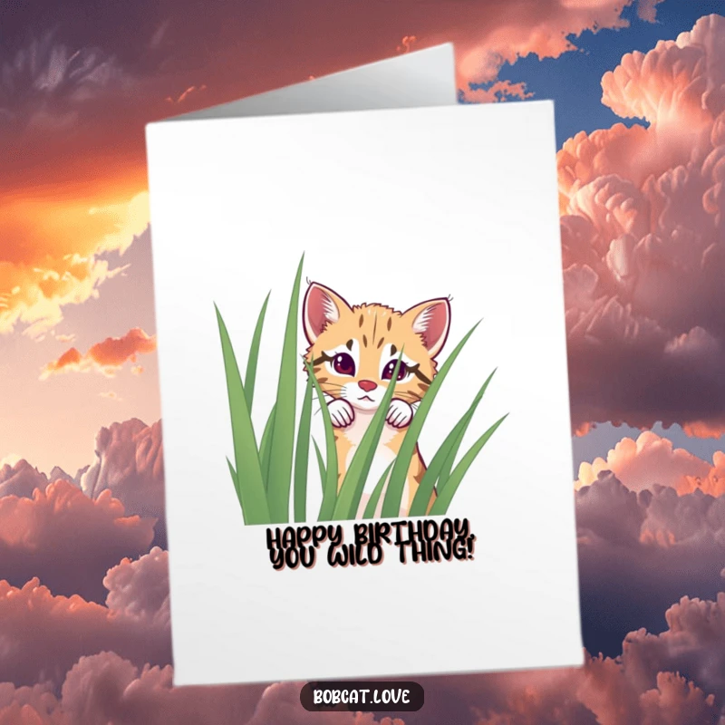 Funny free printable birthday card featuring a curious bobcat peeking over a tall blade of grass, wishing a happy birthday playfully.