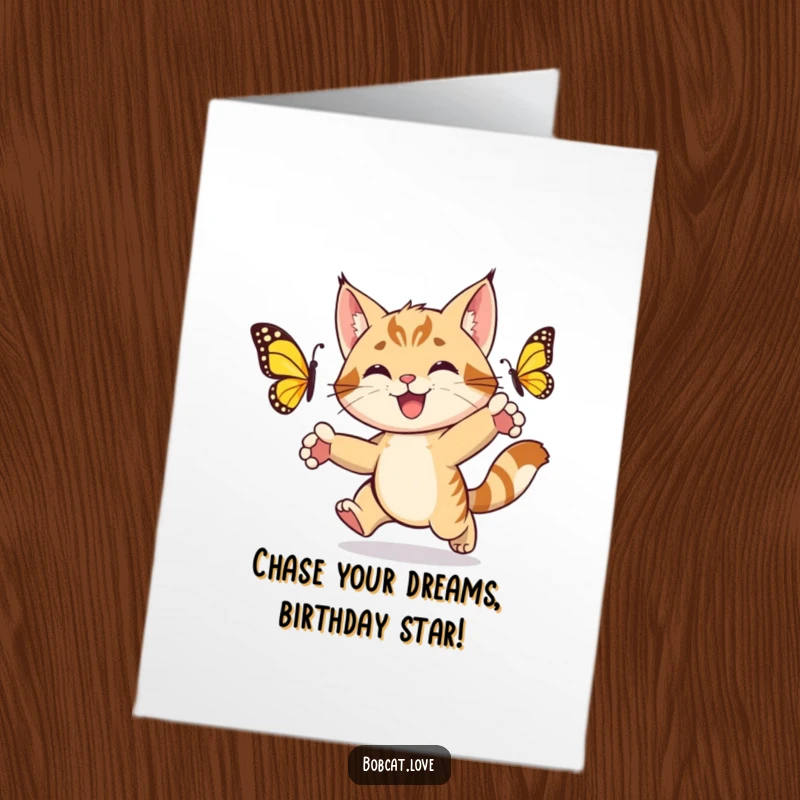 Funny Free Printable Birthday Card: An energetic bobcat with paws outstretched, joyfully chasing a colorful butterfly in a playful pursuit.