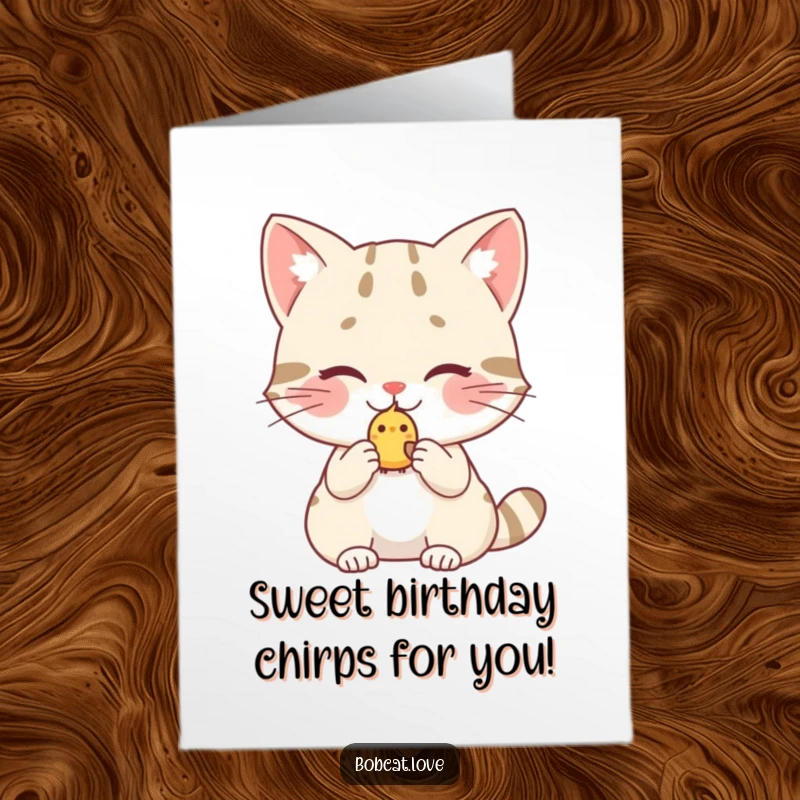 Funny Free Printable Birthday Card: A shy bobcat with rosy cheeks gently offers a small, cute birdy.