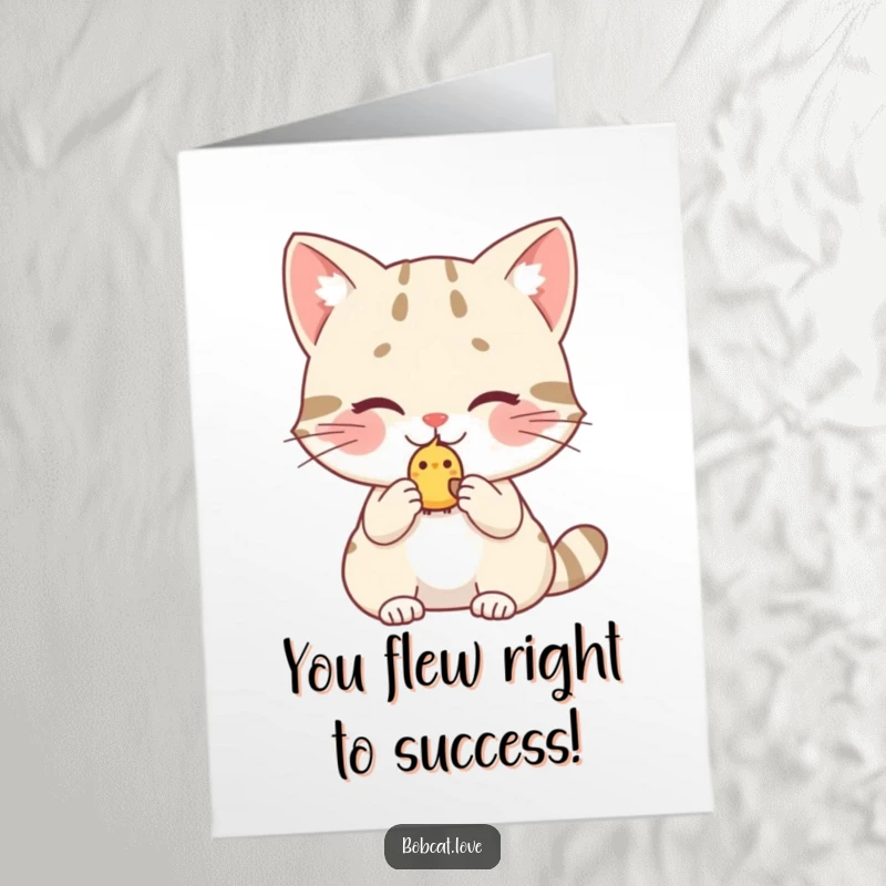 Funny Free Printable Congratulations Card: A bobcat blushing shyly as it offers a tiny, adorable birdy, celebrating a gentle success.