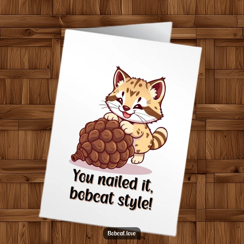 Funny Free Printable Congratulations Card: A dynamic bobcat mid-pounce on a pinecone, celebrating a triumphant achievement with wild energy.
