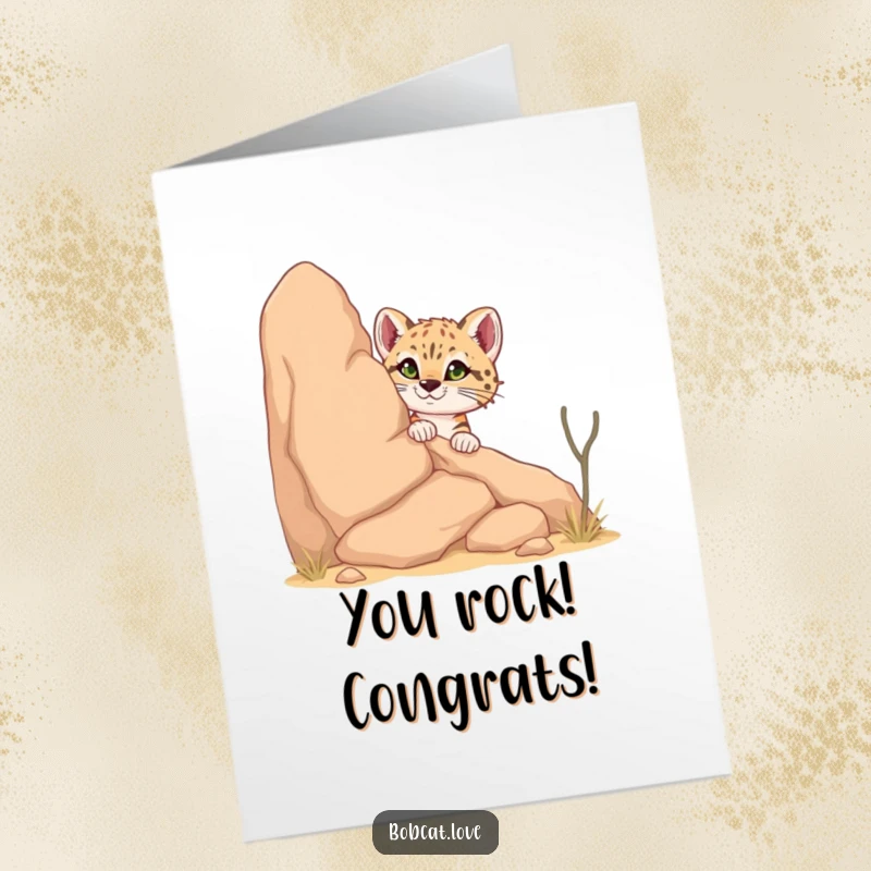 Funny Free Printable Bobcat Congratulations Card: Curious bobcat peeking from a desert rock, celebrating a big win with a playful wink.