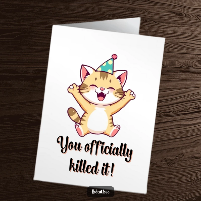 Funny Free Printable Congratulations Card: Elated Bobcat in a party hat, leaping high to congratulate someone on their amazing achievement.