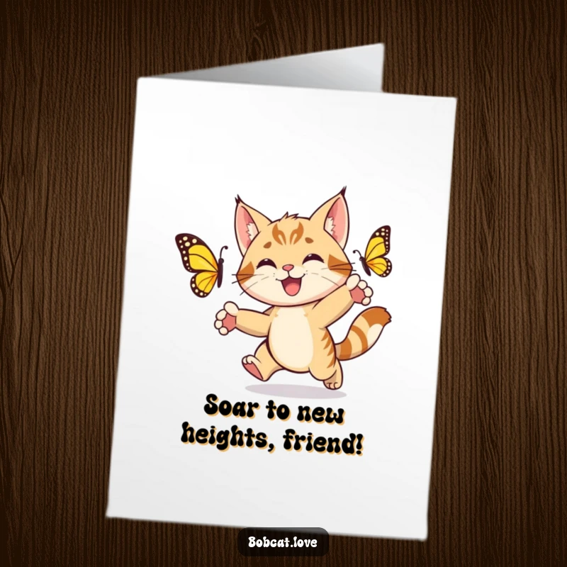 Funny Free Printable Congratulations Card: An energetic bobcat, paws extended, enthusiastically chasing a vibrant butterfly, symbolizing achievement.