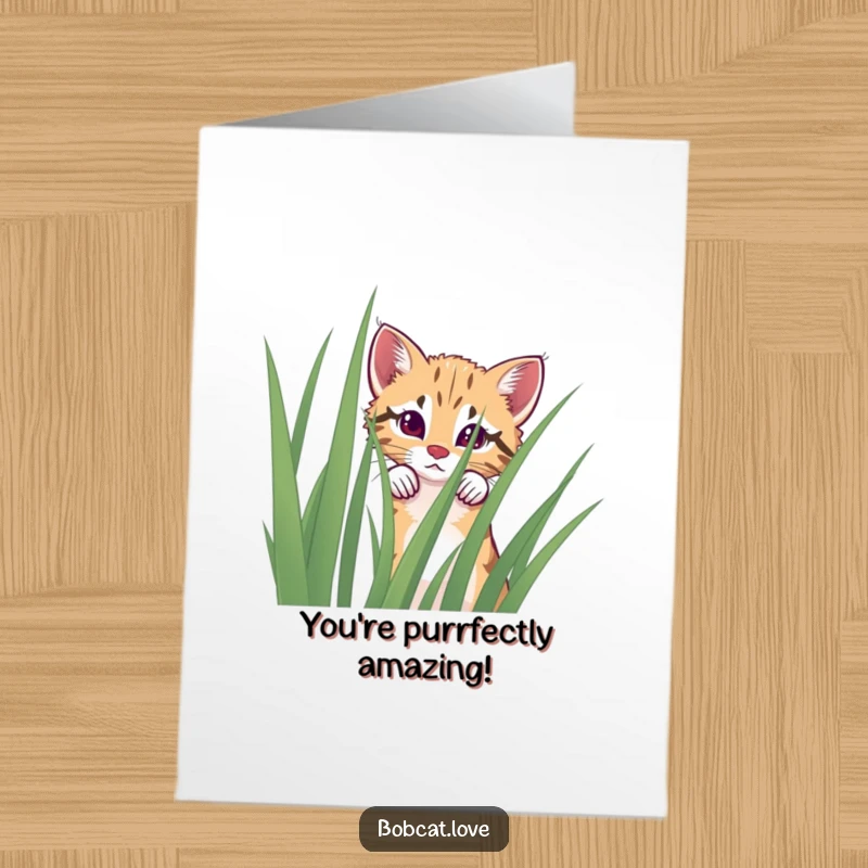 Funny free printable congratulations card with a curious bobcat peeking over grass, celebrating their success with a knowing glance.