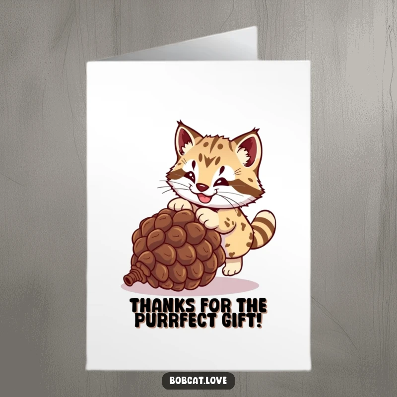 Funny Free Printable Thank You Card: A joyful bobcat leaps energetically towards a rolling pinecone, expressing wild and sincere gratitude.
