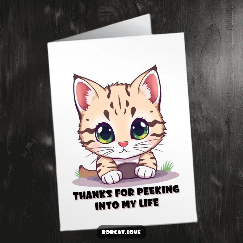 Funny Free Printable Thank You Card: A bobcat with bright, curious eyes, intently peering into a tiny hole, with a thankful expression.